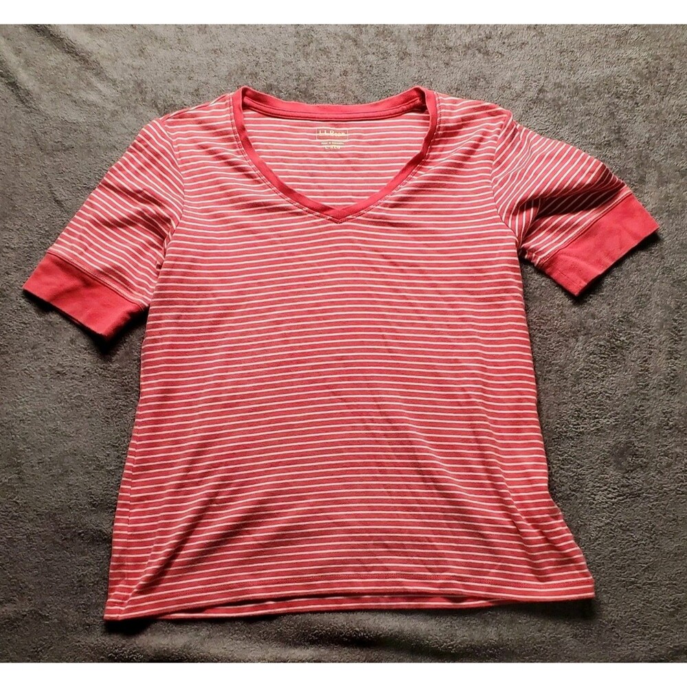 LL Bean Pink White Striped V Neck Elbow Tee Shirt Coastal Prep Large